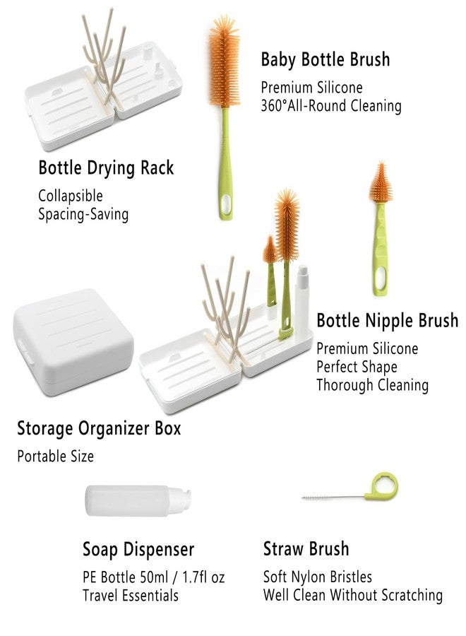 Ismosm Portable Baby Bottle Brush Kit Premium Silicone Bottle Cleaner Brush, Nipple Brush, Straw Brush, Soap Dispenser, Bottle Drying Rack, and a Storage Organizer Case for Both Home and Travel Uses (White) - Image 2